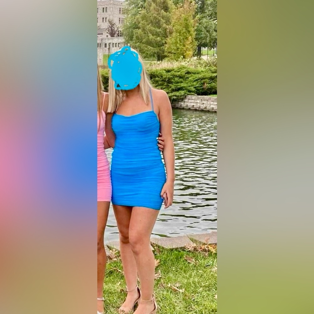 Princess Polly turquoise, ruched mini dress, size 4.